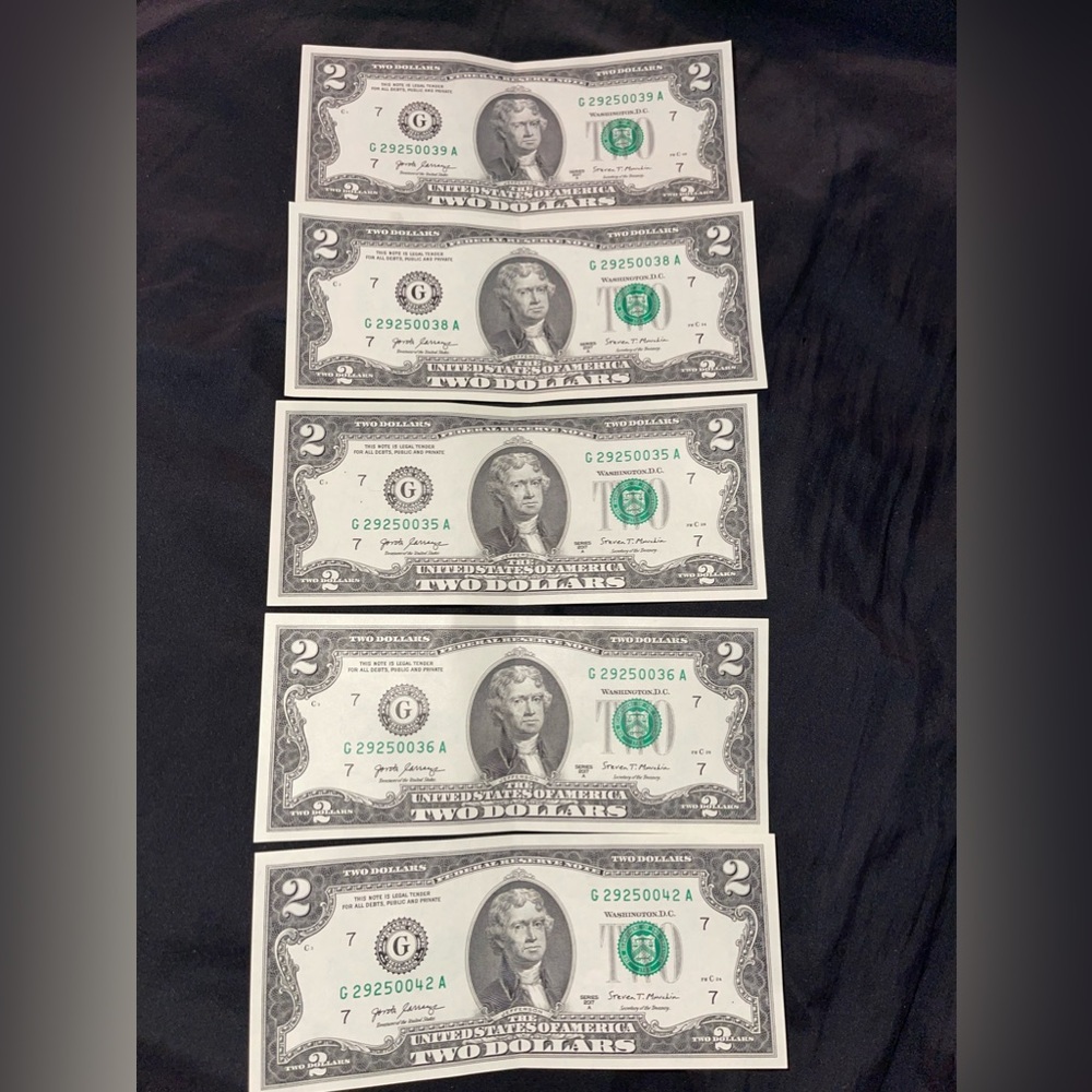 Authentic 5 quantity of $2 bills series 2017 A. Price is firm.